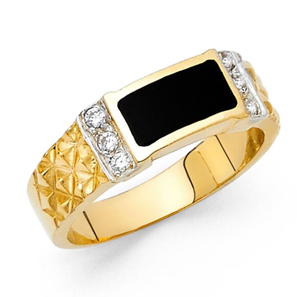 New 6mm Onyx Ring Solid 14k Yellow Gold Band Ring with CZ stones size 7